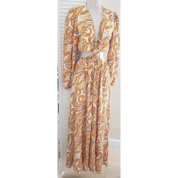 NWT AAKAA CUT OUT LONG SLEEVE ABSTRACT PRINT LONG DRESS SZ SMALL - Picture 3 of 9
